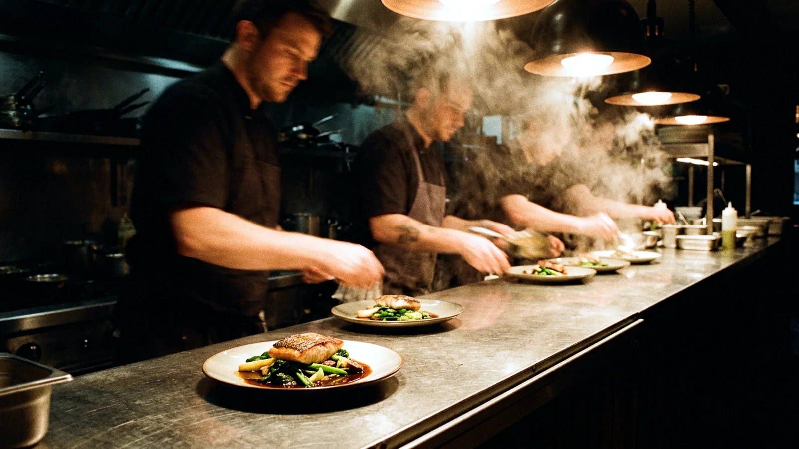 Three cooks plating simultaneously at the pass of a professional kitchen, hands blurred by movement, steam lit from behind. Synthetic image.