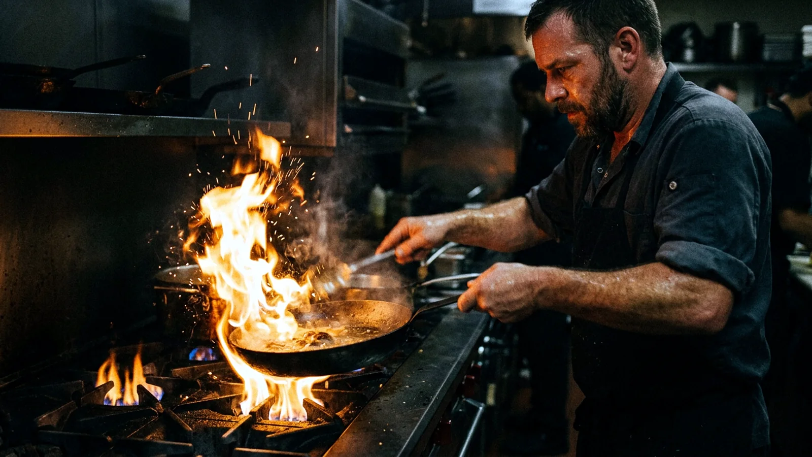 A cook working a flame at a professional range, the fire lighting the face and forearms from below. Synthetic image.